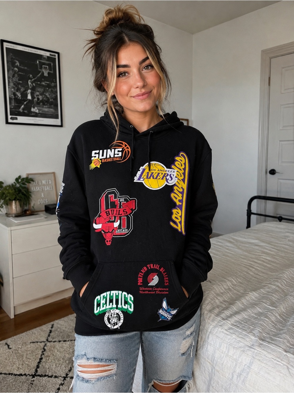 NBA Basketball Multi-Team Graphic Black Hoodie